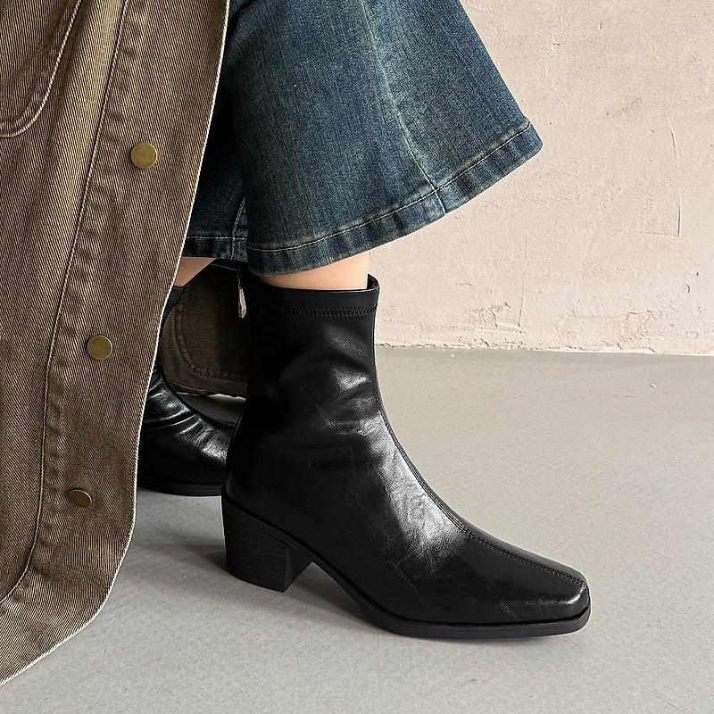 5.5cm Chunky Heel Ankle Boots Women Square Toe Back Zip Stretch Slim Fit Fall Winter