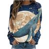Round Neck Womens Blue Autumn Tshirt Loose Fitting Pullover Long Sleeved Whale 3d Printed Sweatshirt