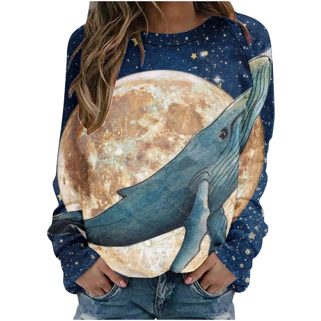 Round Neck Womens Blue Autumn Tshirt Loose Fitting Pullover Long Sleeved Whale 3d Printed Sweatshirt