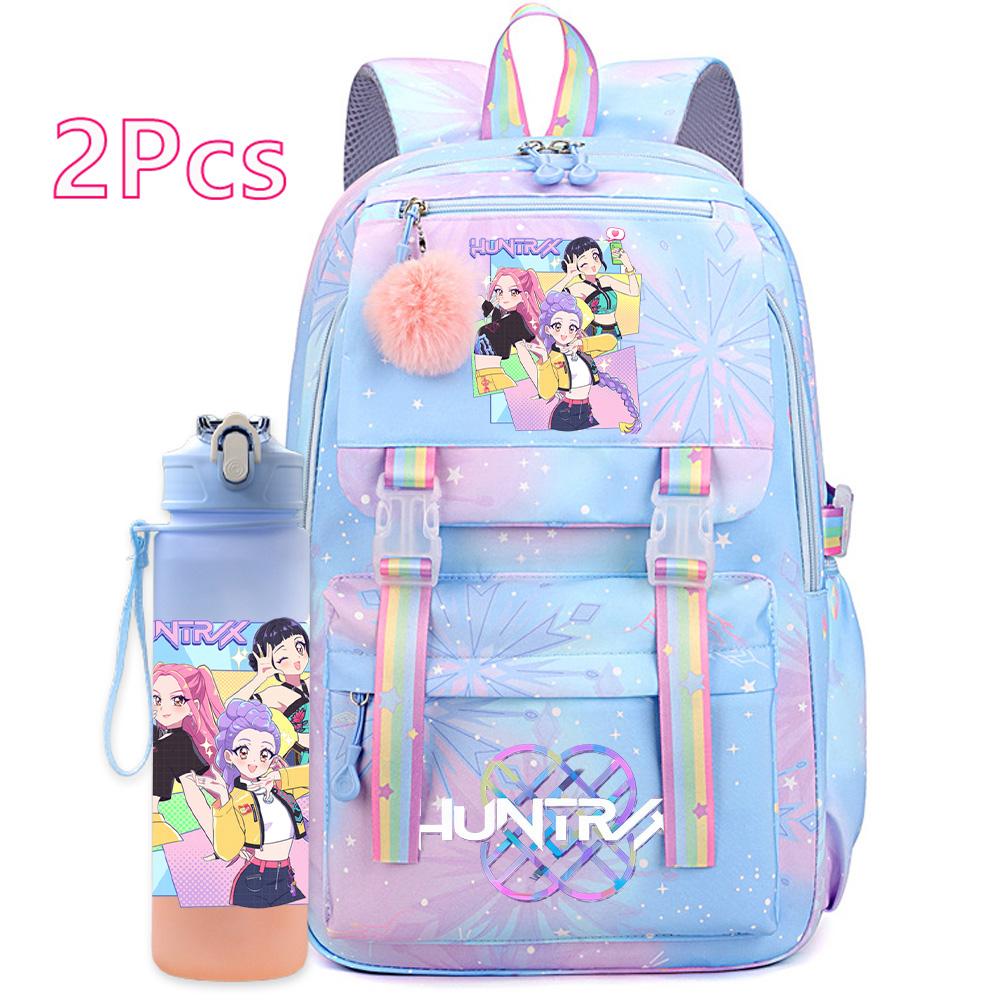 2 ks/sada Roztomilý Anime Kpop Potištěný Batoh s 750ml Lahví na Vodu Cestovní Taška s Velkou Kapacitou pro Dívku Teenagera Chlapce Školní Taška Dětský Dárek Mochila