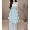 Pure Desire Suspender Sexy Dress Long Dress Design Waist Seaside Irregular Vacation Thin Thin Pleated Dress