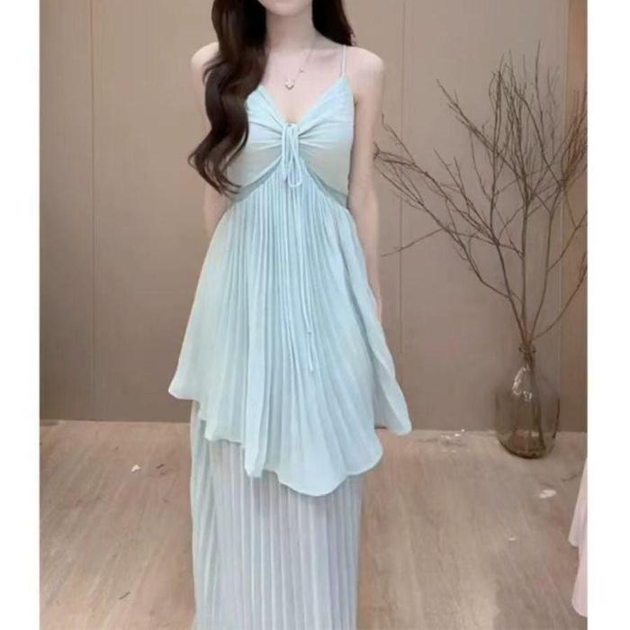 Pure Desire Suspender Sexy Dress Long Dress Design Waist Seaside Irregular Vacation Thin Thin Pleated Dress