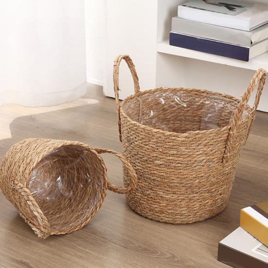 Wicker Planter Basket with Handles Indoor Outdoor Plants Rattan Woven Planter Pot Home Living Room Balcony Garden Round Decorative Flower Pot