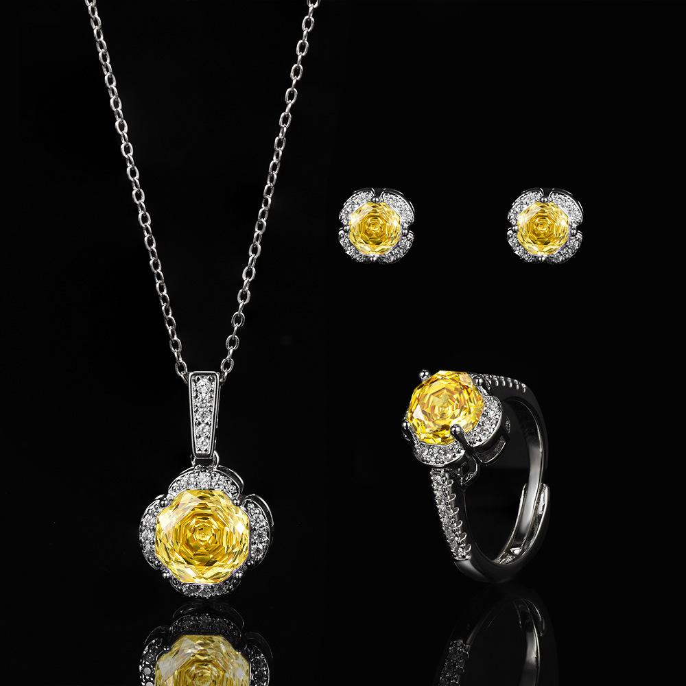 New Seiko Rose Cut Papalacha Zircon Necklace Earrings Color Treasure Ring Three-piece Set