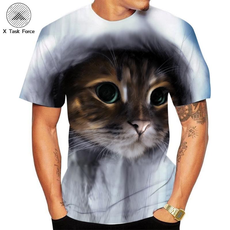 Summer Round Neck 3D Cat Printed Top Fashionable Casual Short Sleeved Men's T-shirts