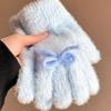 Korean Style Cute Blue Bow Plush Knitted Gloves for Women In Plus Velvet To Keep Warm and Cold Proof with Furry Fingers