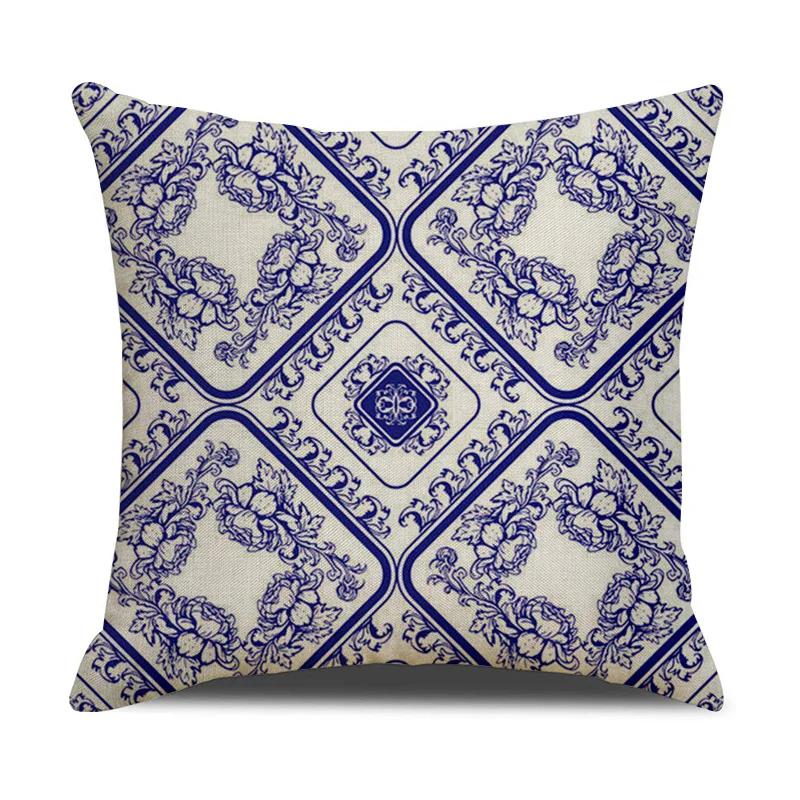 Chinese retro style blue and white ceramic printed fabric linen cotton throw pillow wrapped sofa home decoration pillow