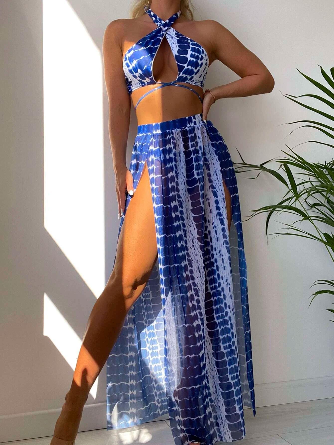 European And American Sexy Printed Split Swimsuit Women S New Slit Bikini Three-Piece Set S синий