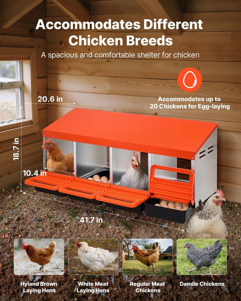 Chicken Nesting Boxes, 4 Compartments, Metal Egg Laying Boxes with Protective Collection Lids, Roll Out Nesting Box, Easy To Assemble, Ideal for Hens,