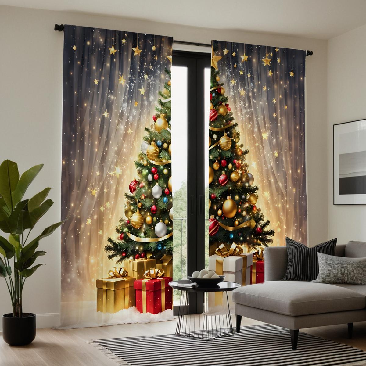 

2 шт. HD Starlight под рождественской елкой подарочная коробка декоративная занавеска Желтая завязка цифровая печать занавеска украшение дома стиль d W52H63inchW132H160cm