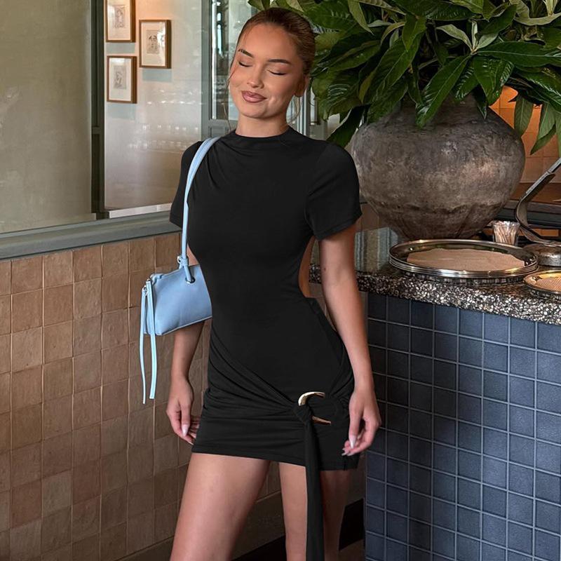 

2026 Summer European Style Backless Dress – Solid Color, Round Neck, Short Sleeve, Waist-Cinched, Lace-Up Design, Women s Fashionable New Arrivals Small чёрный