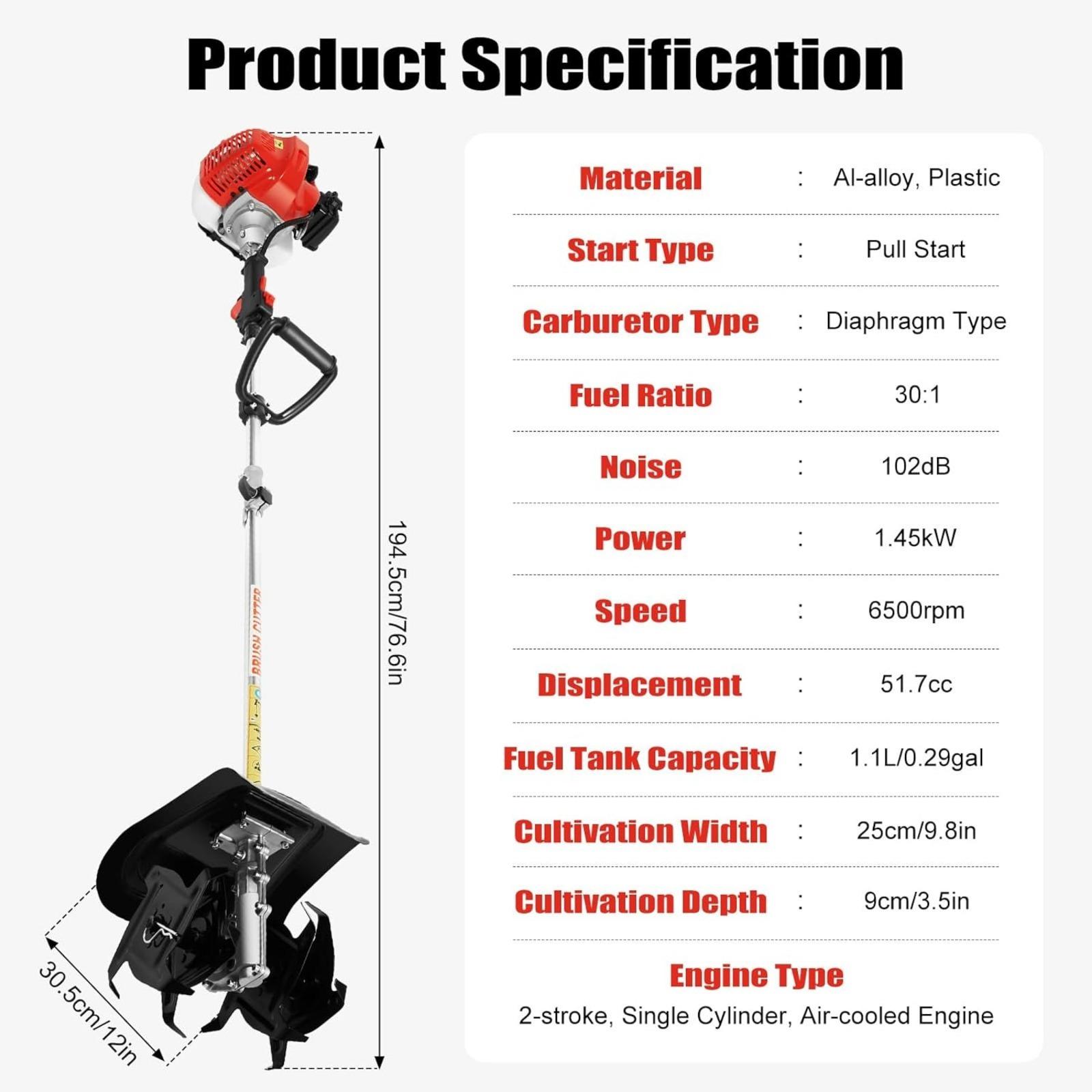 51,7 куб.см 2-тактный ручной культиватор-мотоблок с бензиновым двигателем, ротационный культиватор, садовый инструмент для газона, бензиновый культиватор-мотоблок US красный