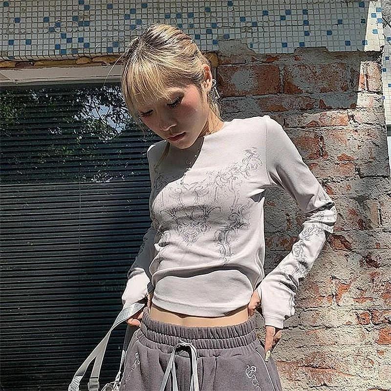 Slim Long Sleeve Blouse Ladies Temperament Spring and Autumn O Collar Printed Thin Blouse Grey