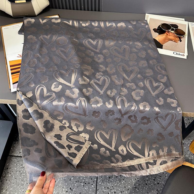 Premium autumn and winter sense retro leopard print love print fringed scarf women's autumn and winter versatile Tencel cotton shawl