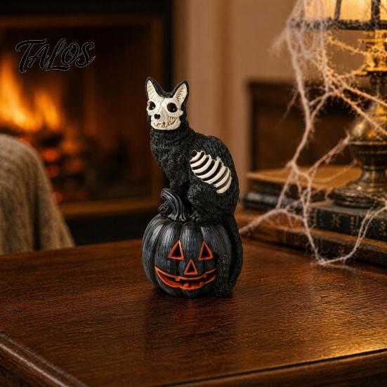 Halloween Showcase Decoration Skull Black Cat Pumpkin Figurine, Gothic Statue with Hollow Ribs, Non-peeling Paint Ornament Spooky for Desktop Outdoor
