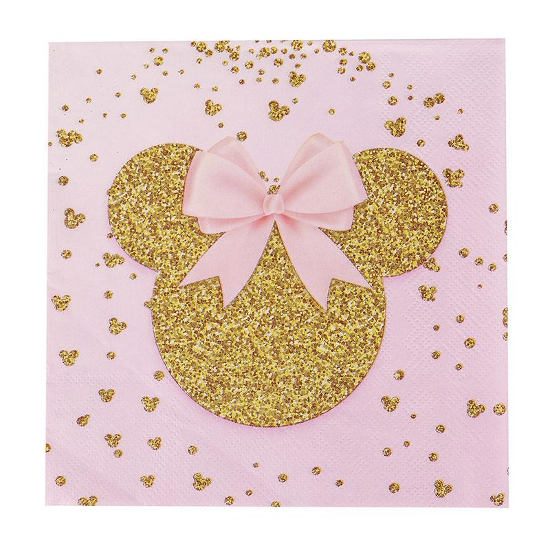 Birth Date Celebration Supplies Collection Minnie Mouse Style Pink Gold Glitter Disposable Utensils Children Birth Date Tableware Decor Favors