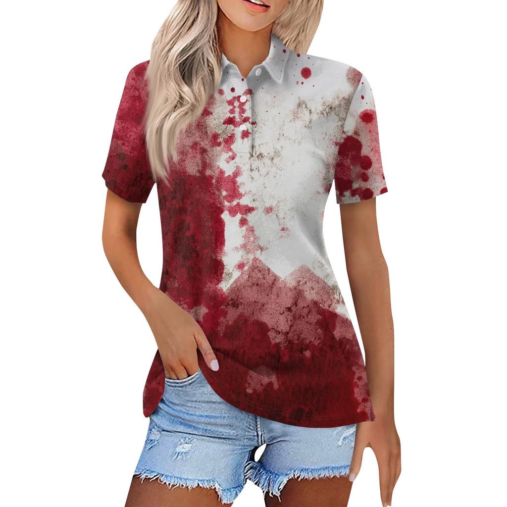 Dámská móda Ležérní klopa Krátký rukáv Halloweenský potisk Košile Dámské zapínací topy