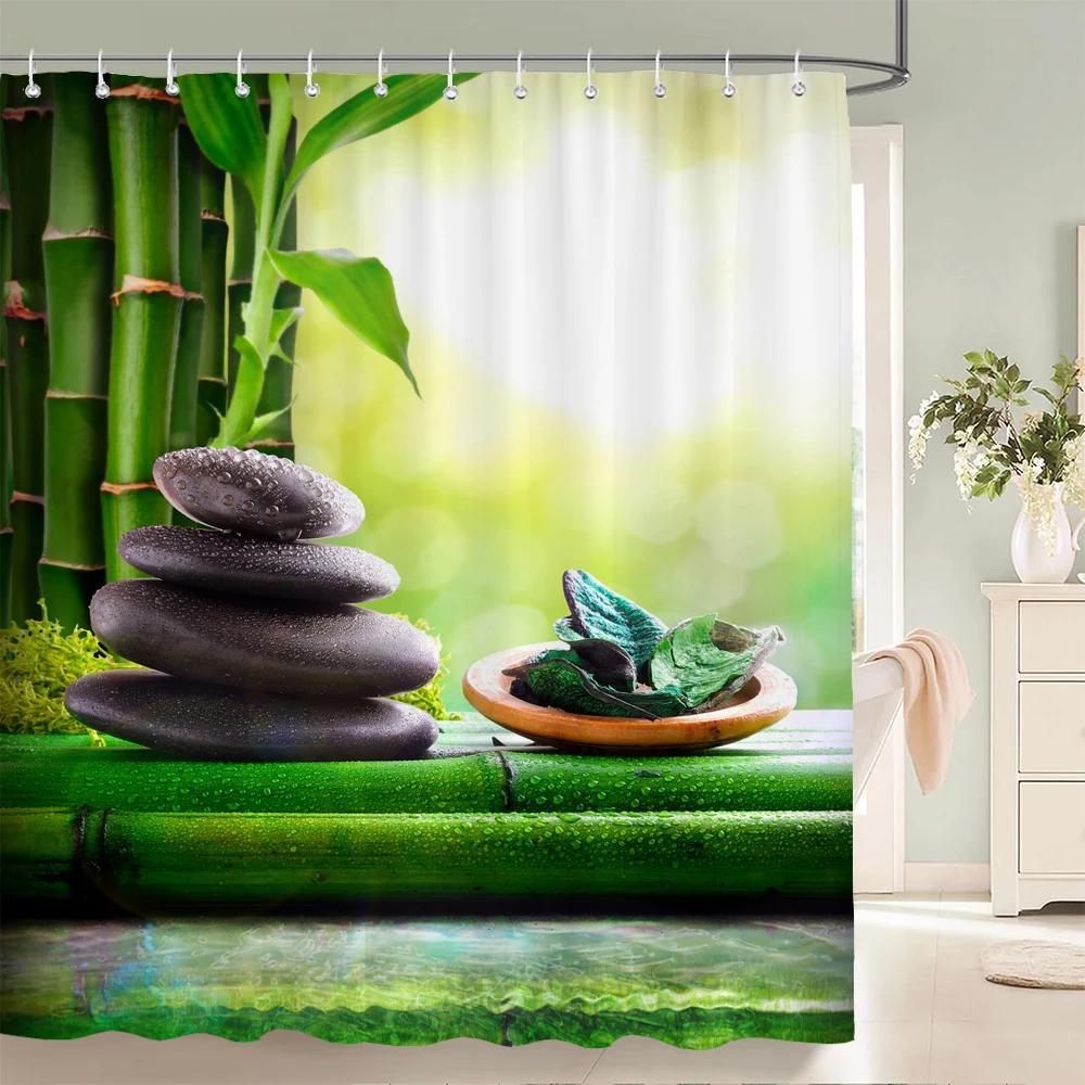 3D Flower Bamboo Pebble Water Green Plant Shower Curtain Waterproof Polyester Curtain Home Decoration