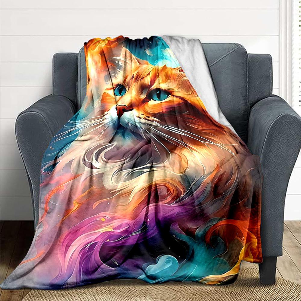 1pc Feline Whimsy Print Blanket Lightweight Flannel Throw Blanket For Sofa, Bed, Living Room, Office, Outdoor Travel, Camping