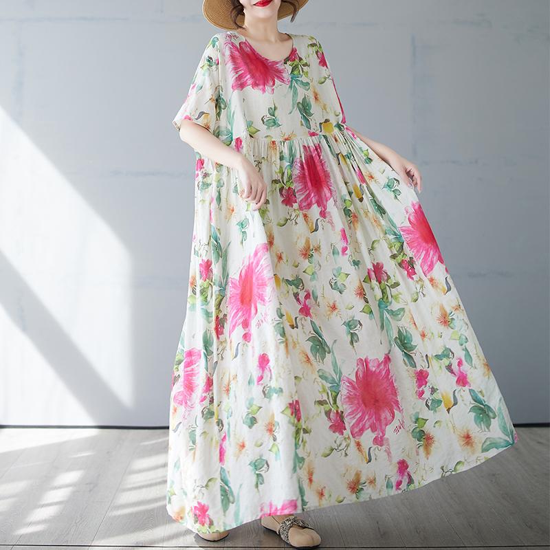 

DIMANAF 2025 Летнее платье больших размеров для женщин с винтажным цветочным принтом Повседневное свободное базовое платье с круглым вырезом Макси One size