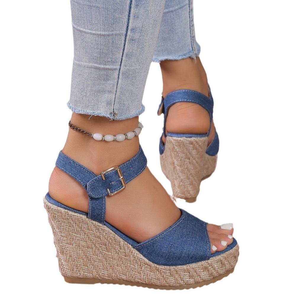 thick-soled wedge heel women's sandals women's high heels small open-toed summer muffin and one-word buckle strap women's shoes