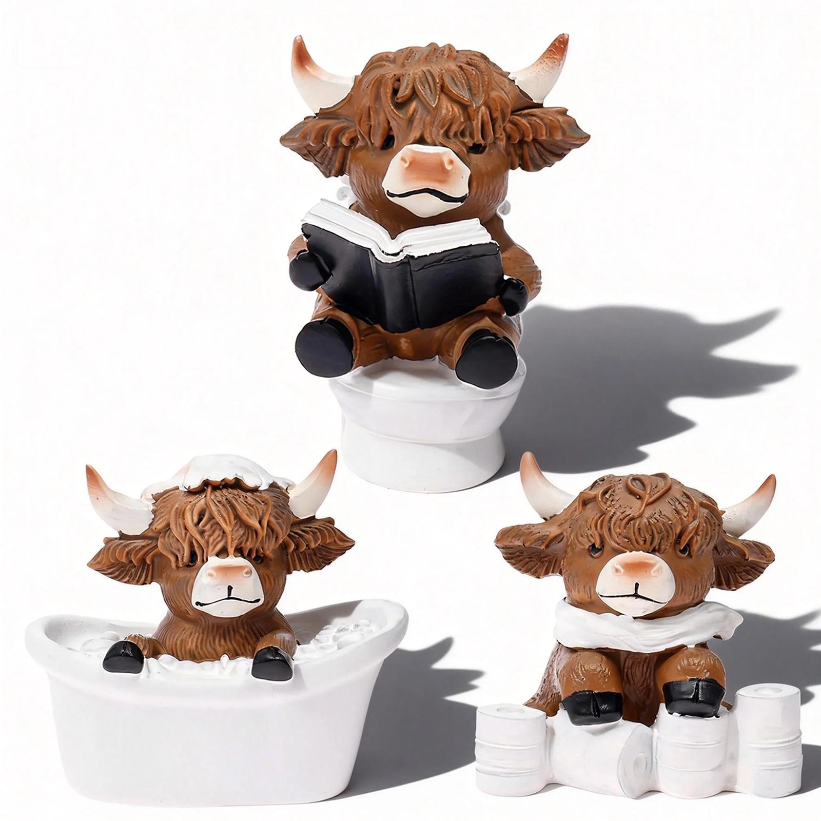 

3Pcs Cute Scottish Highland Cow Resin Figurines Funny Bathing & Reading Cow Statue Desk Decor for Home Bathroom Office Holiday коричневый