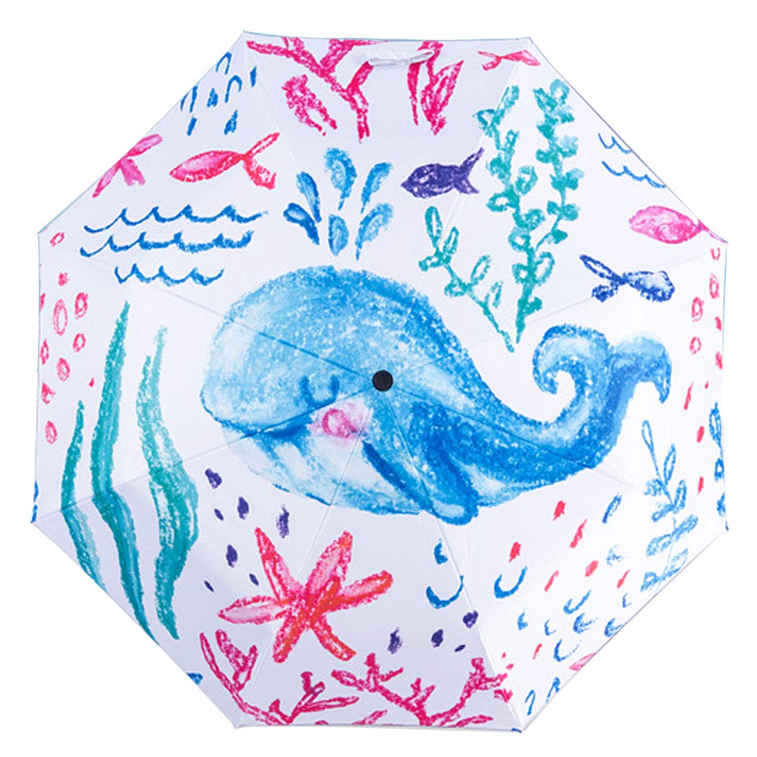 Cartoon Whale Folding Umbrella Cute Watercolor Marine Animals Compact Windproof Travel Umbrellas Rain Sun for Adults Teens Kids