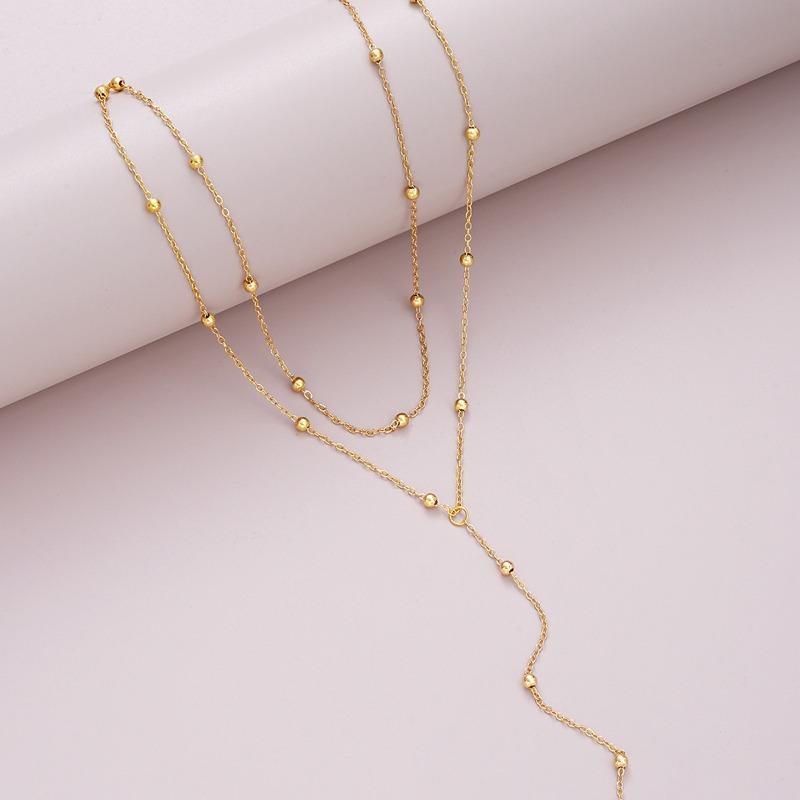 Gold Color Double Layered Long Tassel Chain Necklaces for Women Simple Metal Geometric Bead Choker Necklace Fashion Jewelry
