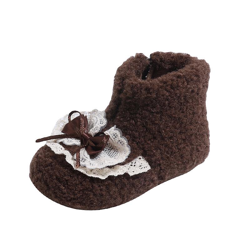 Зимние короткие ботинки с меховой подкладкой, кружевной оборкой и пушистым эффектом Size 25, Inner Length 15.7 cm кофейный