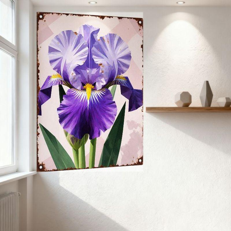 Vintage Purple Iris Flower Metal Tin Sign with Diamond Pattern Background - Retro Botanical Art for Home Bar Man Cave Wall Decor