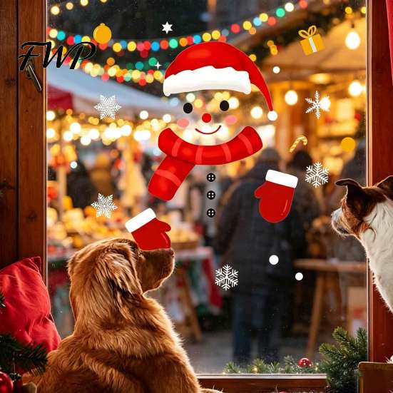 DIY Winter Scene Decor Christmas Static Window Clings, Smiling Snowman Decals with Snowflake Removable PVC Wall Art Patterns, Waterproof Glass