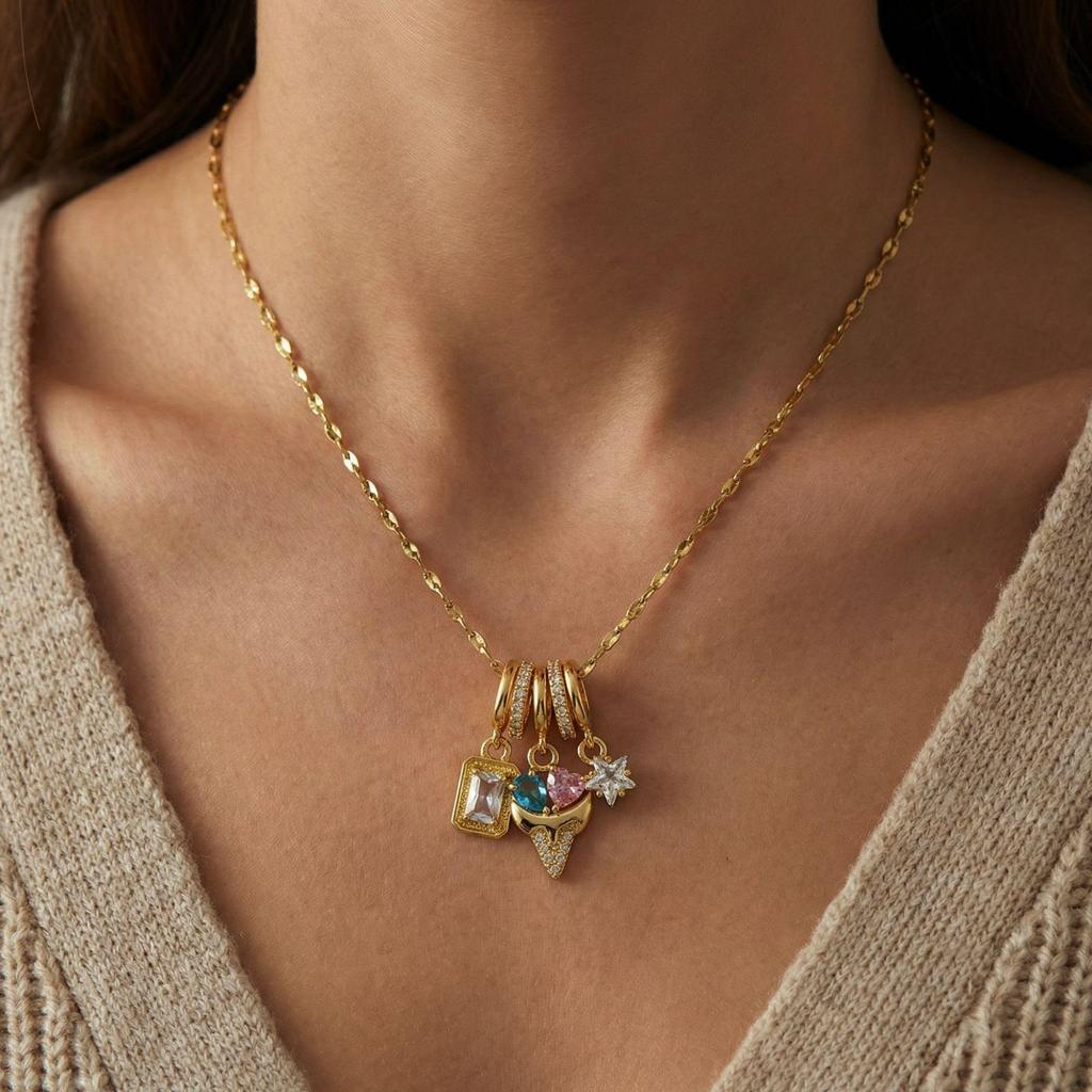 18K Gold Heart & Star Pendant Necklace with Crystal Rhinestones - Elegant Women's Fashion Clavicle Chain