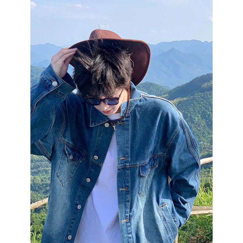 

Light blue American retro denim jacket men s spring and autumn trendy brand sense ruffian handsome tooling jacket denim 2XL 150-85kg