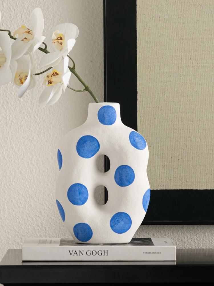 Matte Ceramic Vase Blue Hand Painted Floral Decoration Flower Arrangement Living Room Dining Countertop Vase Ceramic Handicrafts