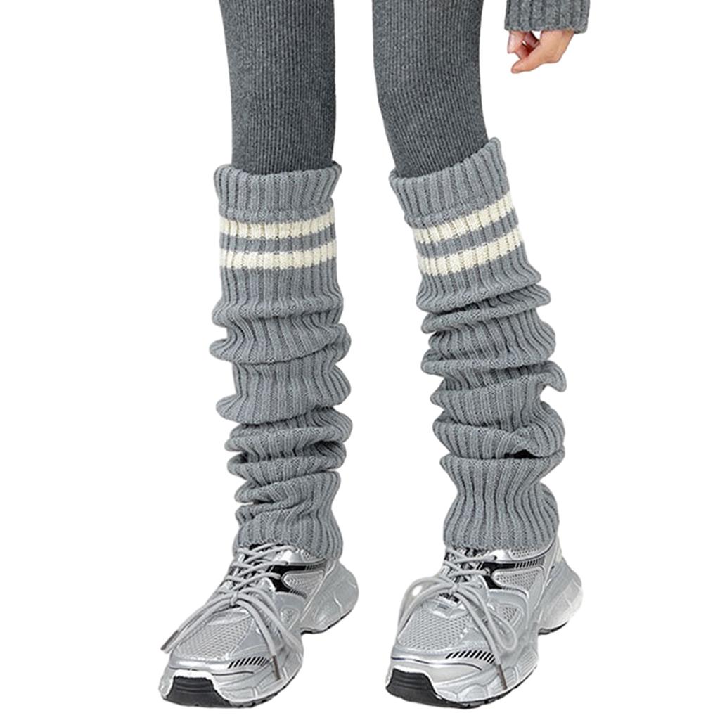 Women Ribbed Knit Stacked Long Boot Socks Double Striped Over Knee Leg Warmers