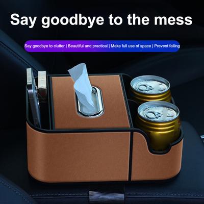 1Pc Universal Car Armrest Organizer With 2 Cup Holders & Tissue Box - Back Seat Storage Box For Suv/Sedan Interior Accessories