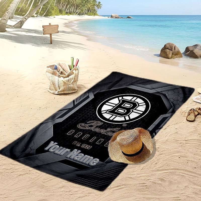 Boston Bruins Custom Beach Towel, Print Your Name Text Lightweight Absorbent Towel for Swimming Travel