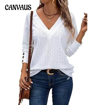 Frühling und Herbst Damen Plus Size Fashion Hollow V-Ausschnitt Drop Shoulder Langarm Button Top