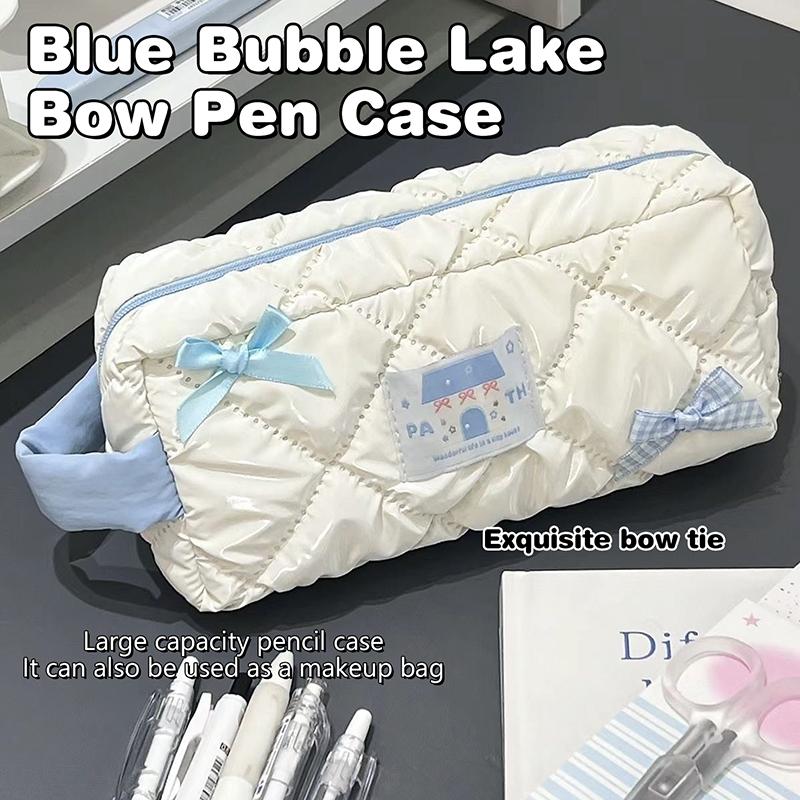 1Pc Blue Bow Pencil Case Large Capacity Pencil Bag Stationery Bag Travel Cosmetic Storage Bag Girls Pencil Case Organizer