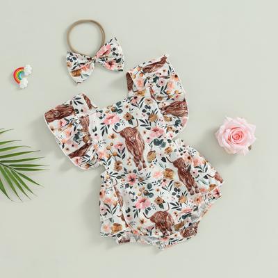 Girls Romper Head Band Suit Summer Fly Sleeve Square Neck Bull Print Romper Bow Headwear