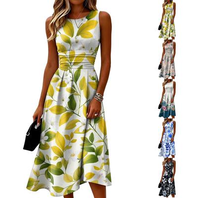 Women Sleeveless Crew Neck Casual Dress Floral Print A Line Midi Dress Lightweight Summer Sundress for Daily Wear Office Holiday