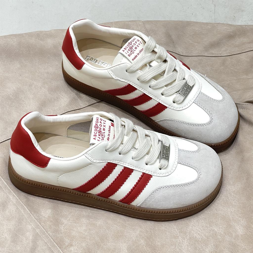 Spring  New Korean Style Flat Casual White Shoes Color Matching German Training Three Bars Genuine Leather German Training Female White