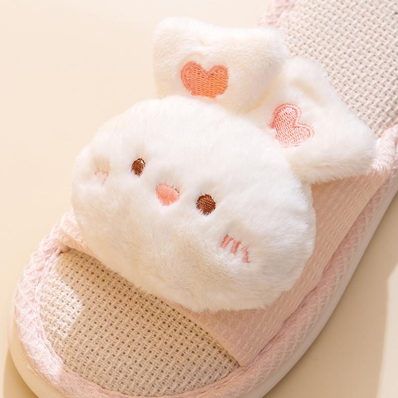 fashion Cute Rabbit Decor Linen Slippers Women Non Slip Soft Sole Indoor House Slippers Woman Autumn Winter Bedroom Cotton Slides Ladies