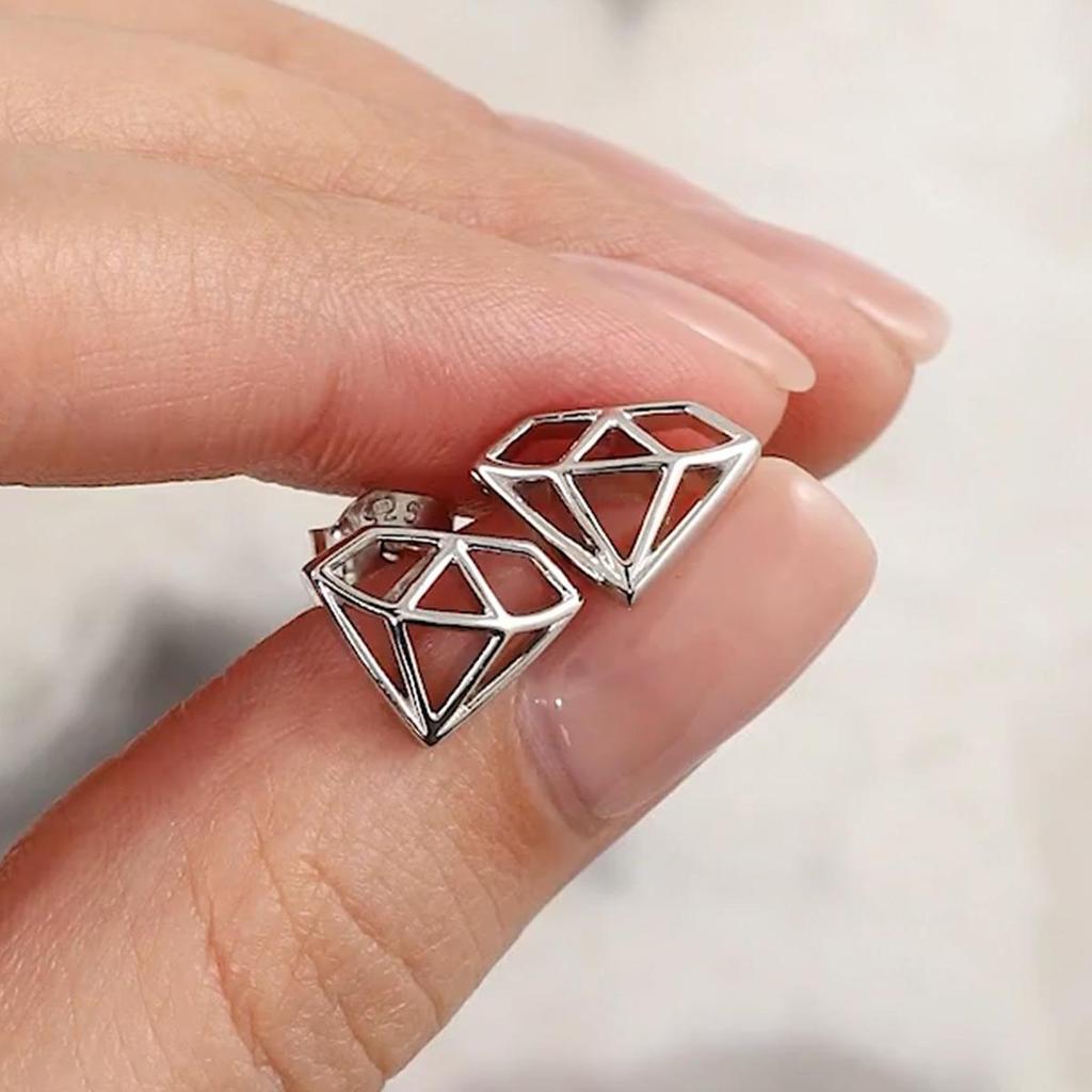 European S925 Sterling Silver Geometric Rhombus Diamond Stud Earrings in Light Gold