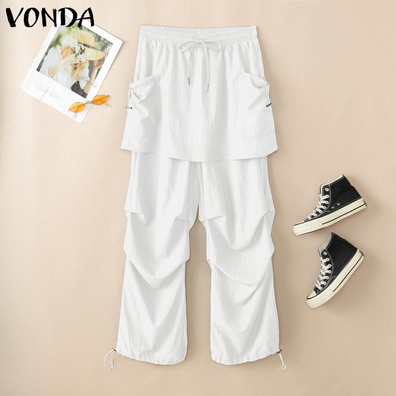 

VONDA Women Elastic High Waist Layers Casual Long Cargo Harem Pants Trousers S