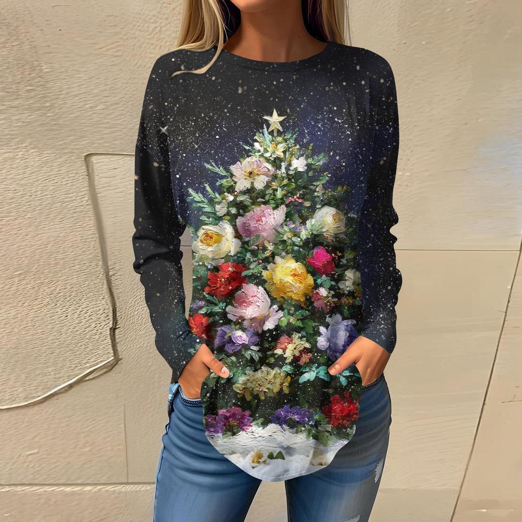 Weihnachts-Stil Damenbekleidung Schneeflocke Weihnachtsbaum Print Pullover Rundhalsausschnitt Langarm T-Shirt Festlich Lässig Lockeres Oberteil