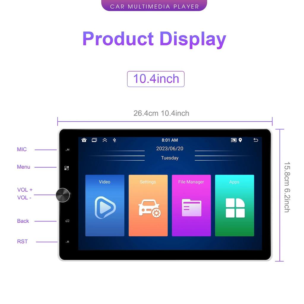REAKOSOUND Universal 1 Din GPS Car Stereo Radio 10.4'' Android Vertical Screen Multimedia Player Carplay Android-auto WIFI RDS