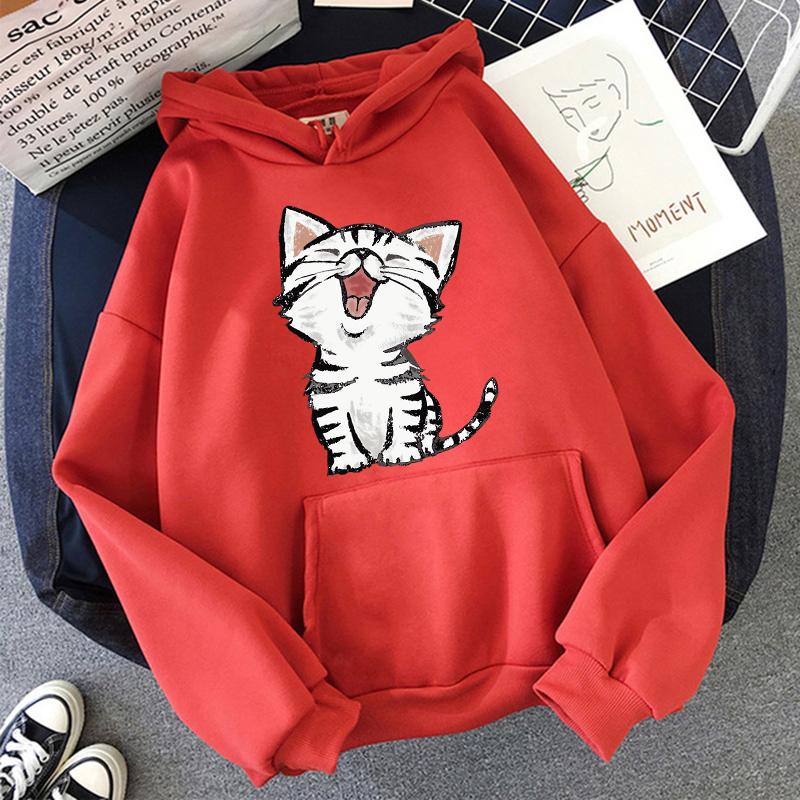 Funny Happy Cat Print Casual Pocket Hoodies Autunm Winter Women's Hooded Clothes Kawaii Graphic Sweatshirts 90s Y2k Streetwear