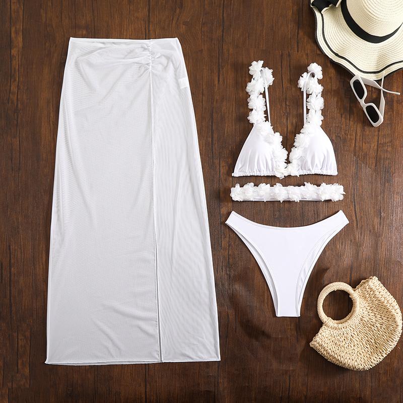 Sexy Solid Bikini Mesh Long Skirt 3 Piece Set for Women Split Swimsuit Beach Bikini New Summer Swimwear Bikini Set