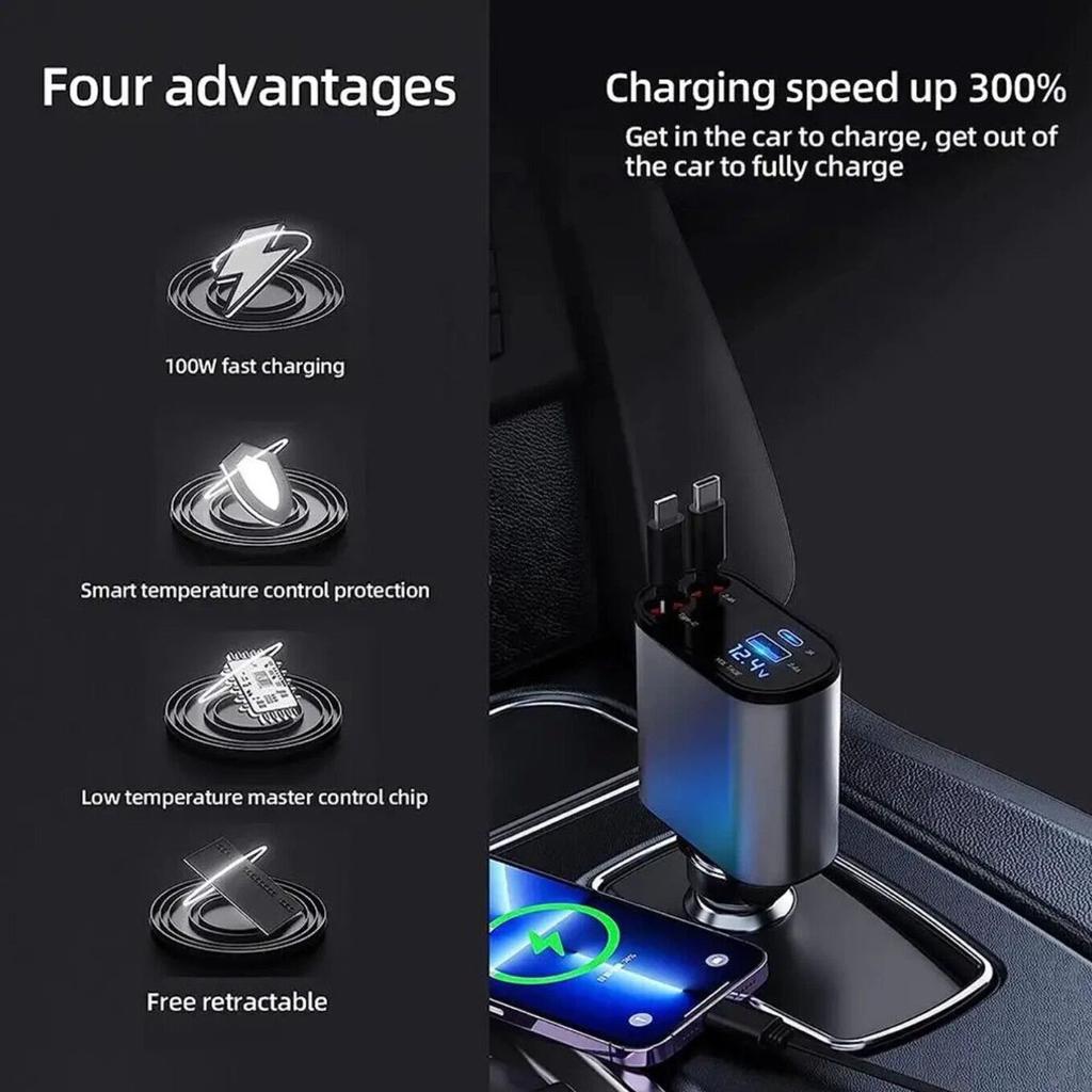 120W Super Fast Charging Car Charger With Retractable Cable And Multi-function Lighter With One-to-Two Flash Charge Adapter